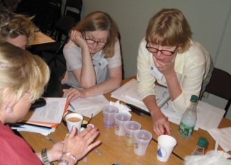 Carol Baldasari, an outside evaluator from Lesley University, observes as a team of Fairhaven Public School teachers Fairhaven investigate a carbon cycle activity. 